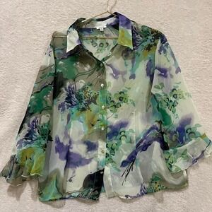 light green sheer floral blouse with bell sleeves Nicola size XL